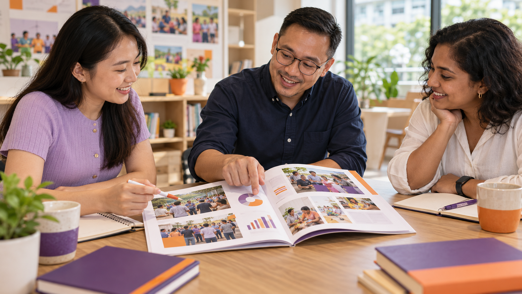 Brahm Centre team members reviewing an annual report together