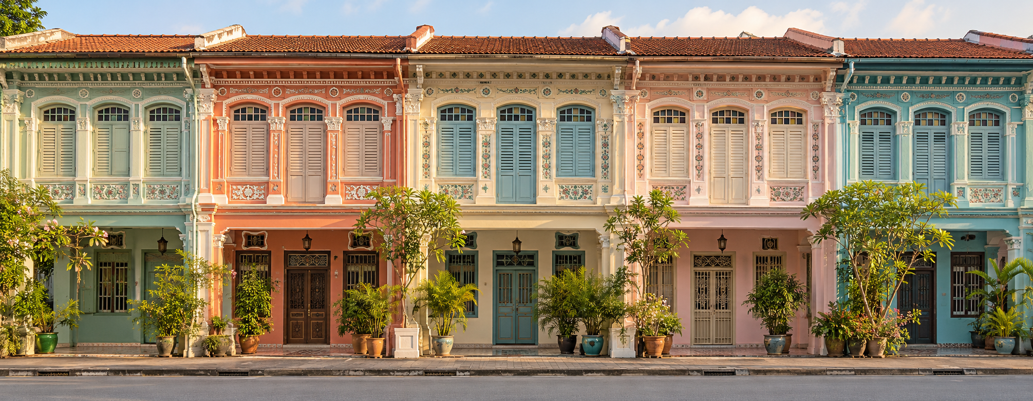 Colourful Peranakan shophouses representing the communities served by Brahm Centre
