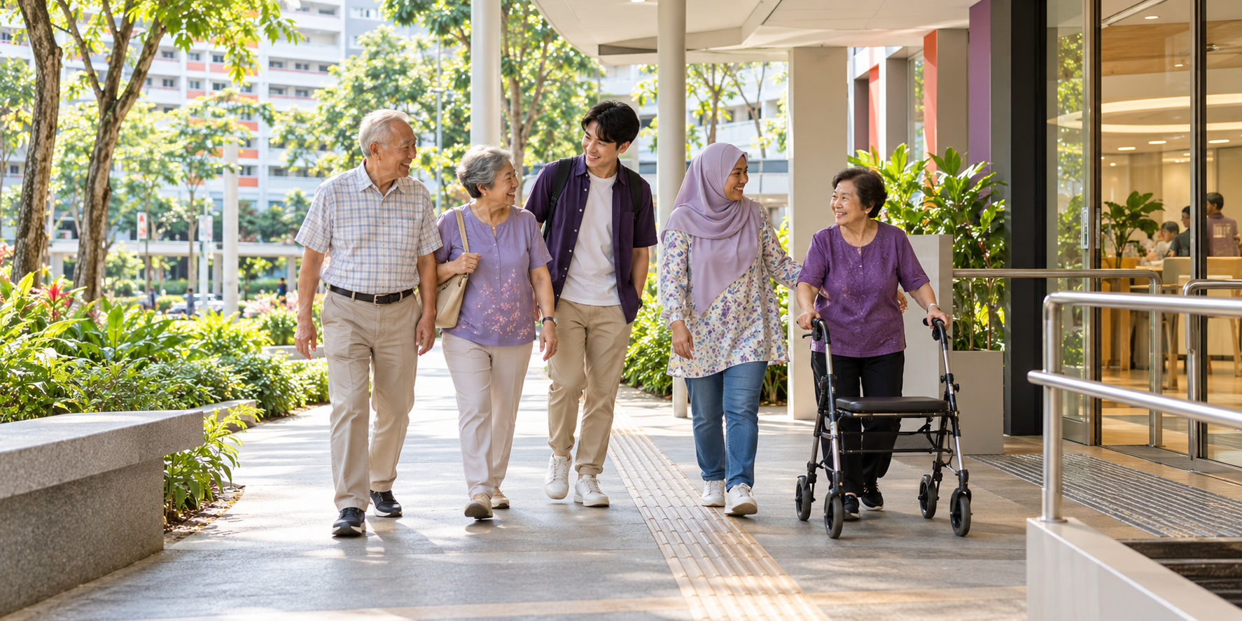 An intergenerational group arriving together at an accessible community centre in Singapore