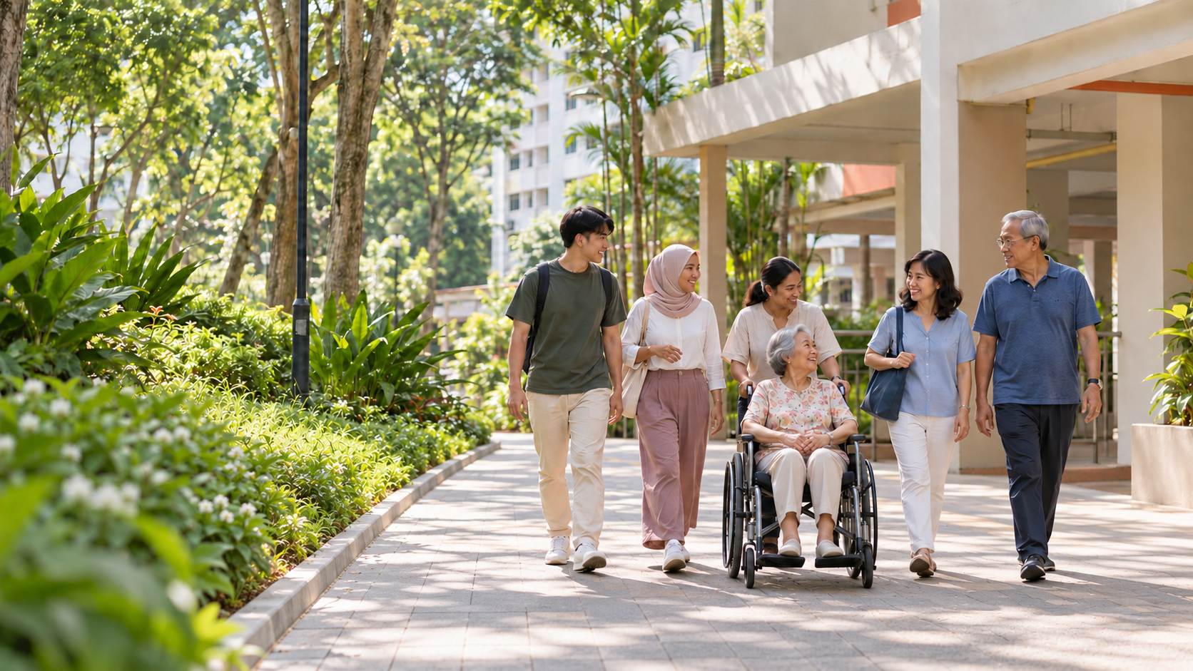 A mixed-age community, including a wheelchair user and caregiver, walking through a Singapore neighbourhood