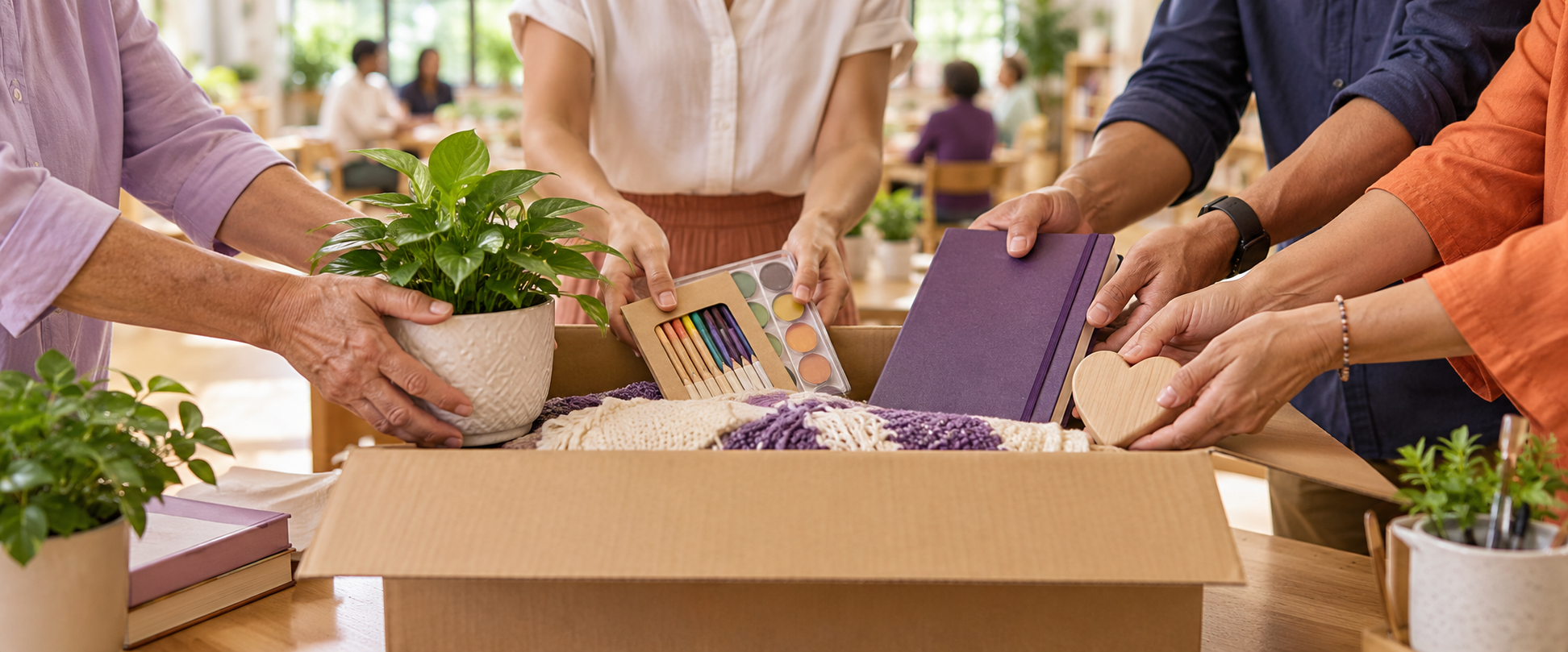 People contributing community-care items to a shared support box