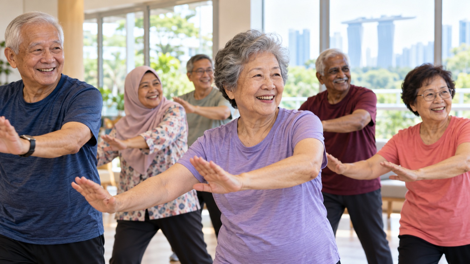 Senior activities in Singapore: group exercise at Brahm Centre