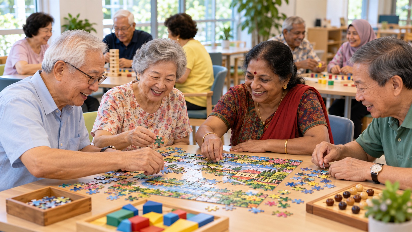 Seniors working on puzzles and cognitive activities