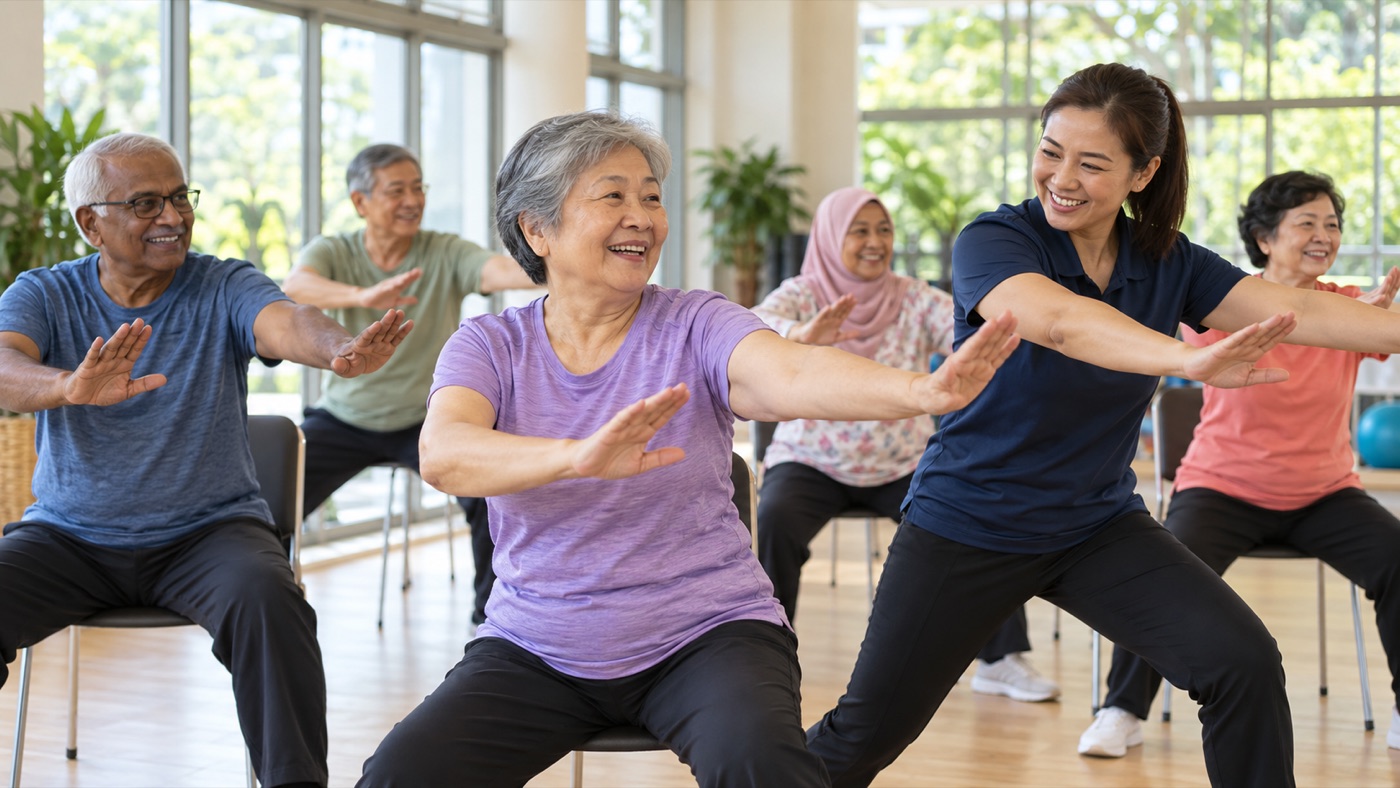 Seniors taking part in a group exercise class