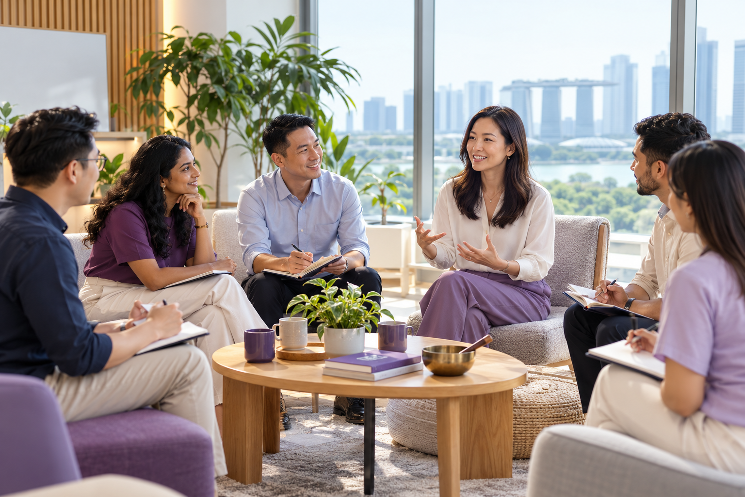 Working-age adults taking part in a workplace well-being discussion in Singapore